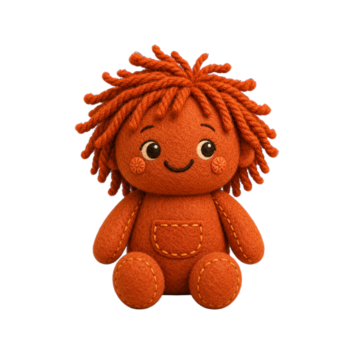 Pip, a terracotta felt doll with messy yarn hair