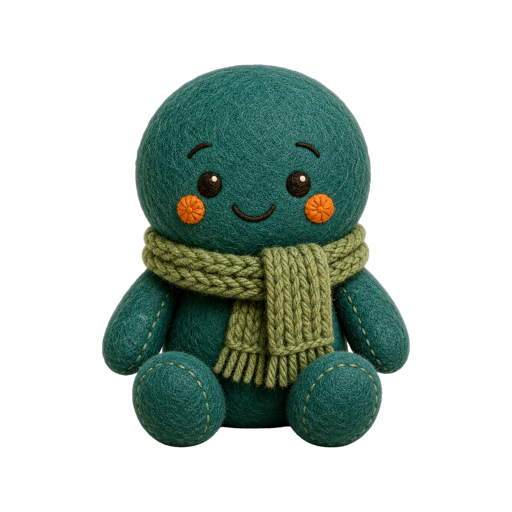 Sage, a teal felt doll with a knitted scarf
