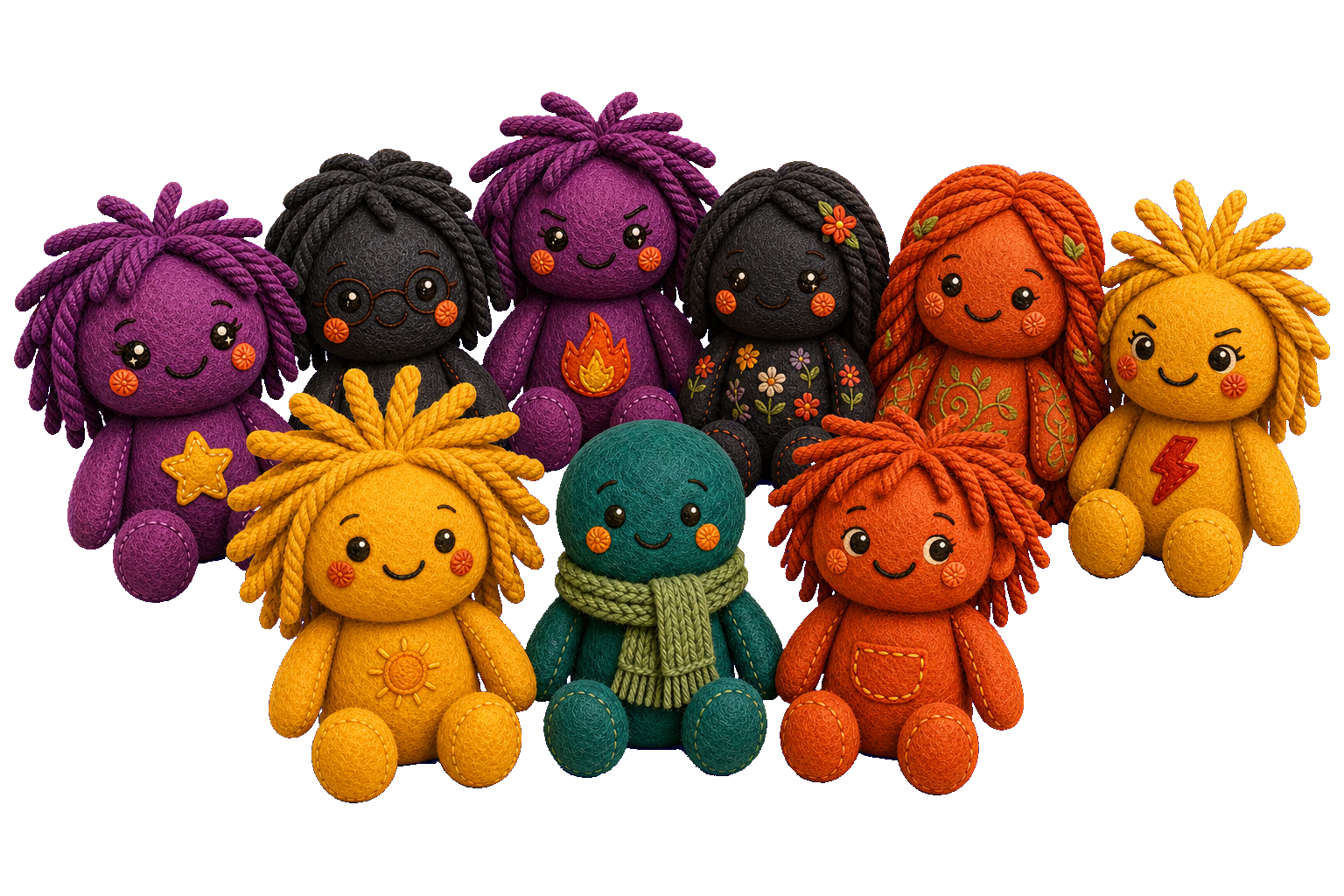 A few of the felt Decision Dolls helpers posing together.