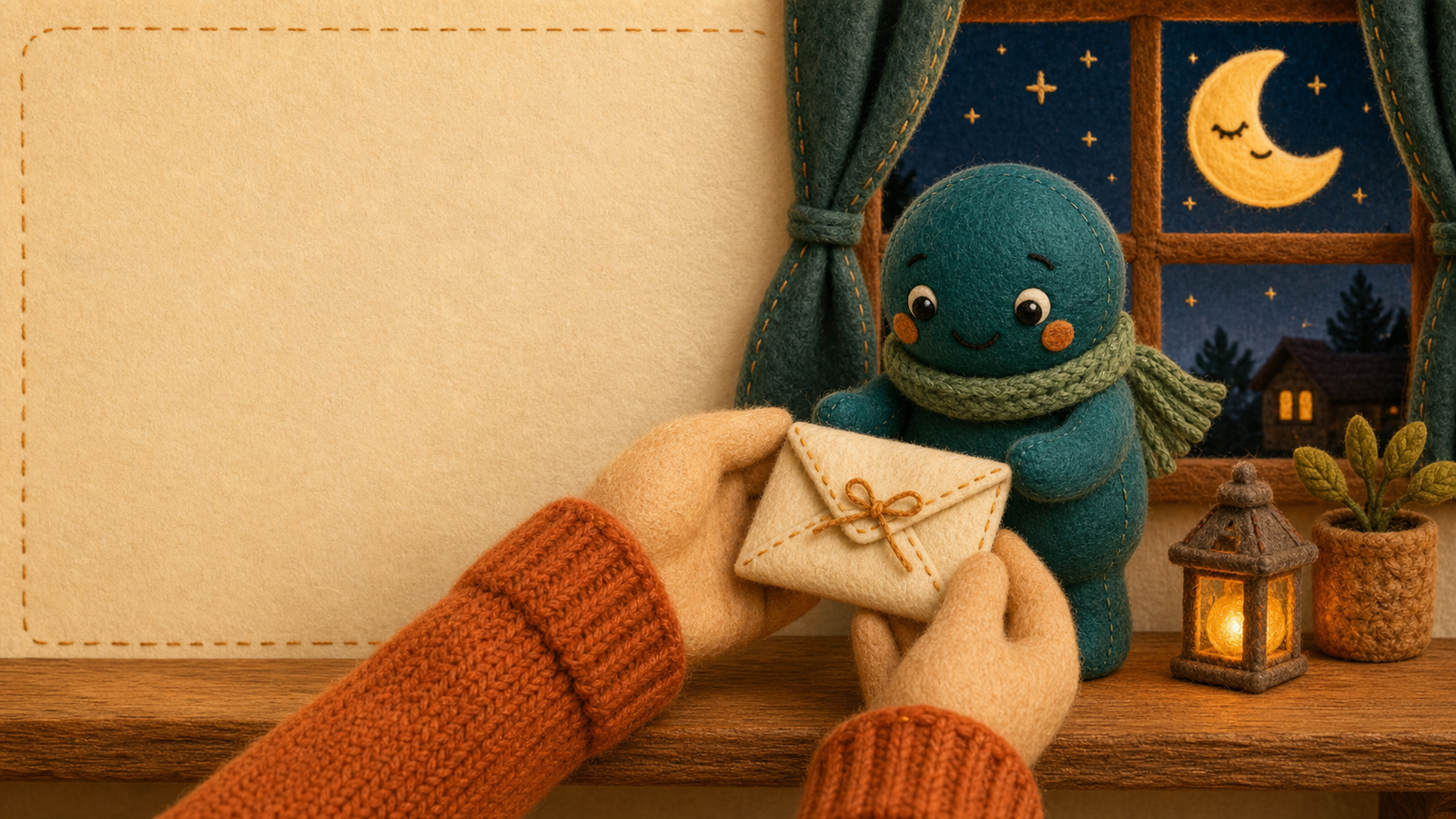 Open hands give a felt envelope to Sage, a teal felt doll, on a warm evening shelf.