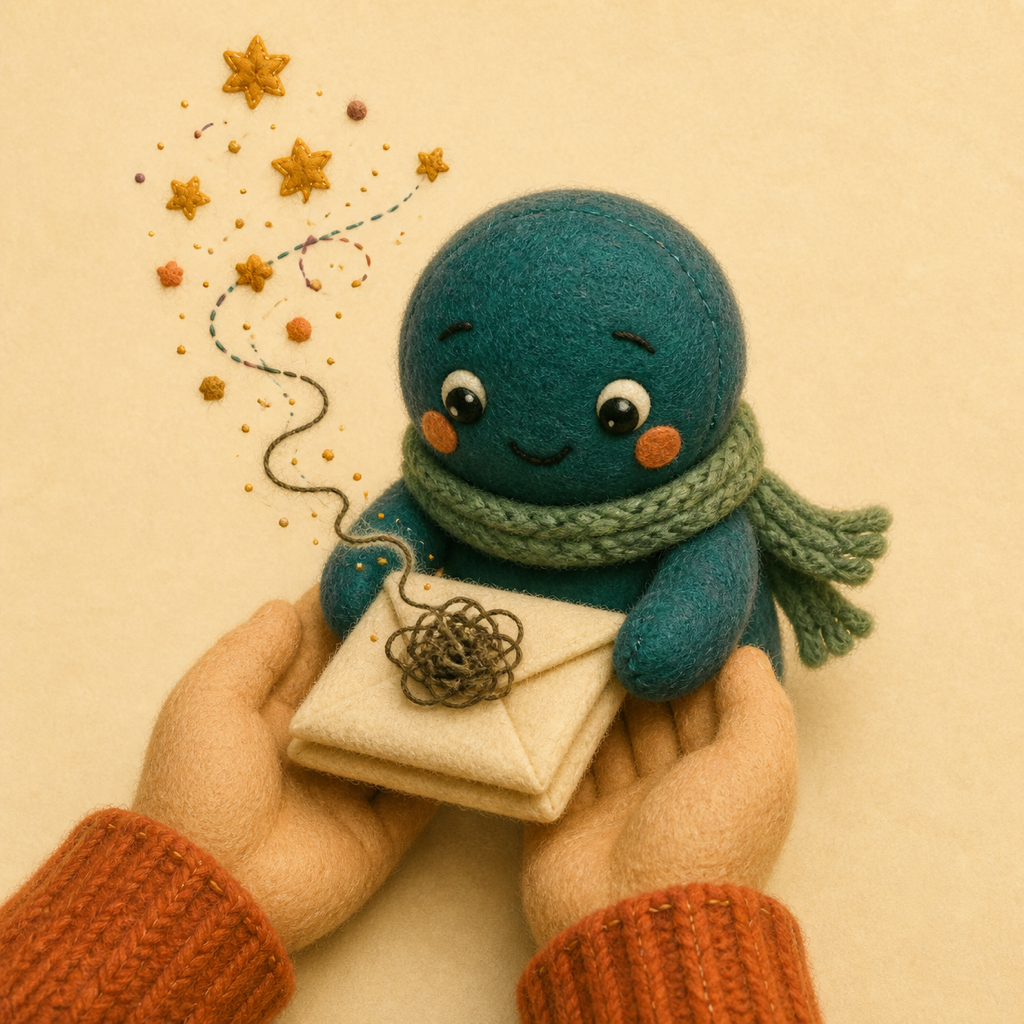 Open hands hand a felt envelope to Sage, the teal doll, as a worry knot loosens into stars.