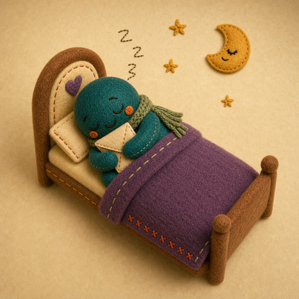 Sage the felt doll sleeps in a tiny felt bed hugging the envelope under a crescent moon.