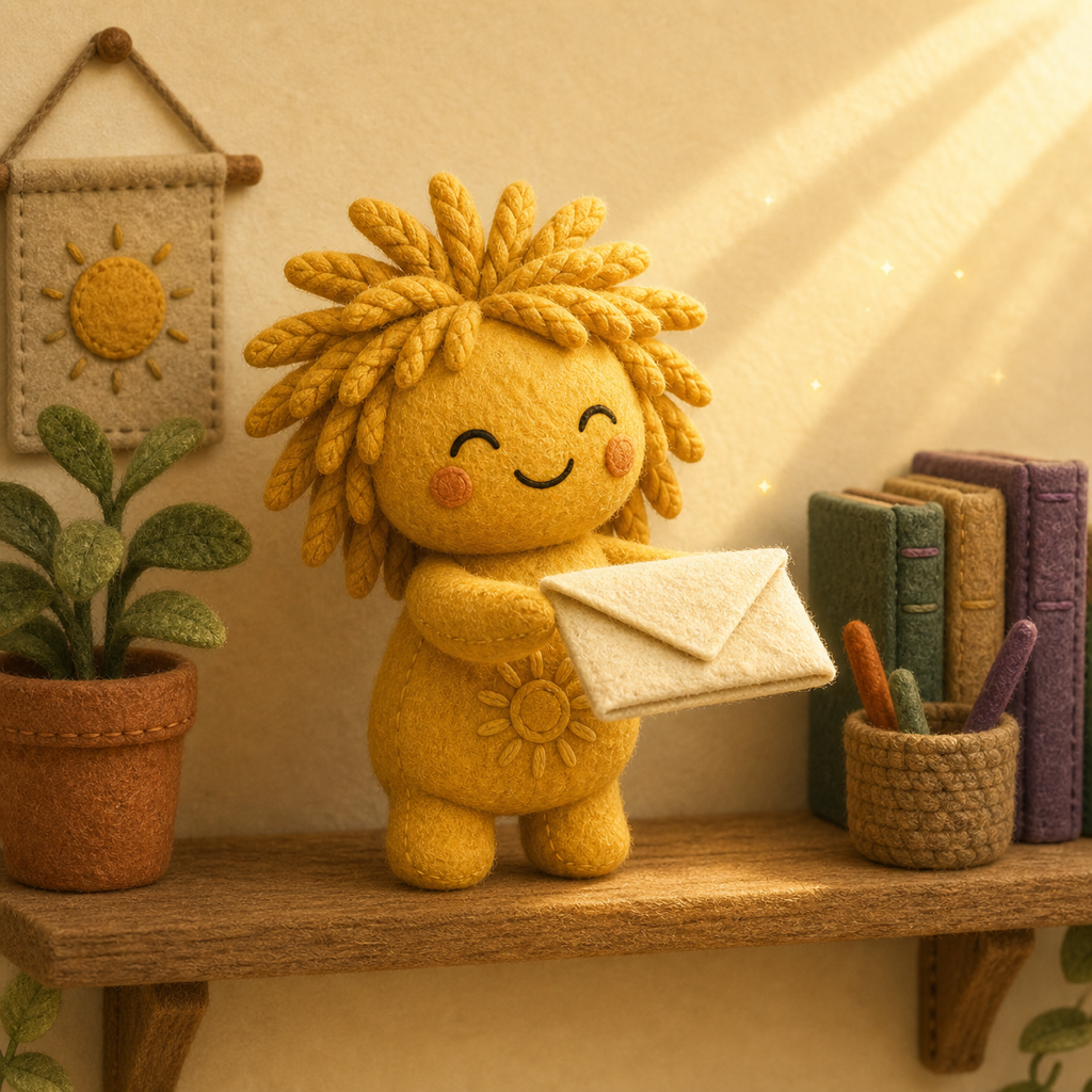Sunny the yellow felt doll holds the envelope out in a morning sunbeam.